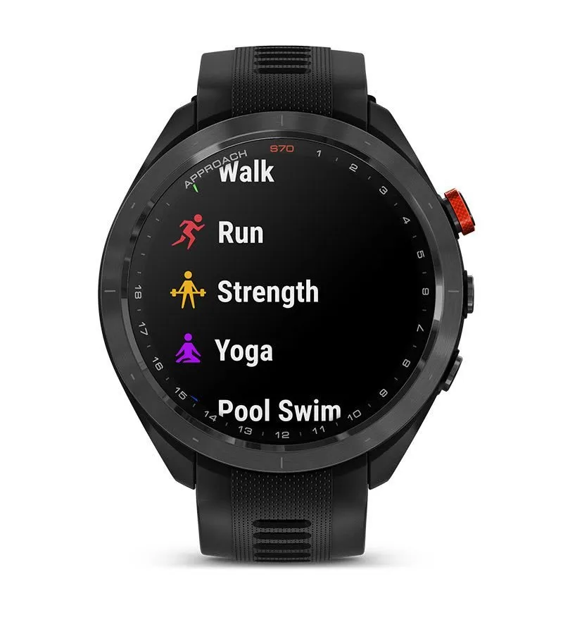 Garmin Approach S70 47 mm Black/Red — Melns/sarkans keramikas ietvars ar melnu silikona siksniņu